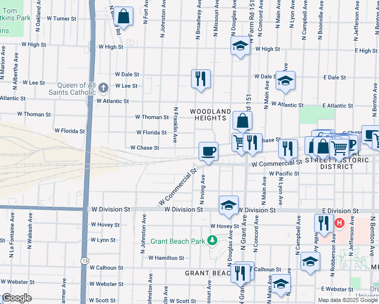 map of restaurants, bars, coffee shops, grocery stores, and more near 1821 North Broadway Avenue in Springfield