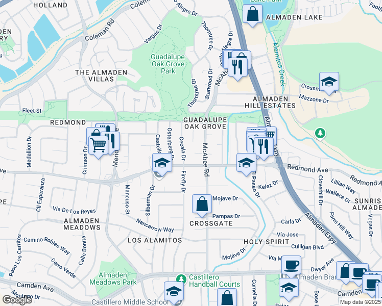 map of restaurants, bars, coffee shops, grocery stores, and more near 1238 Ridge Oak Court in San Jose
