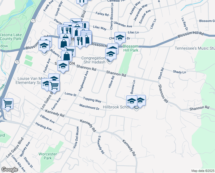 map of restaurants, bars, coffee shops, grocery stores, and more near 16425 Hilow Road in Los Gatos