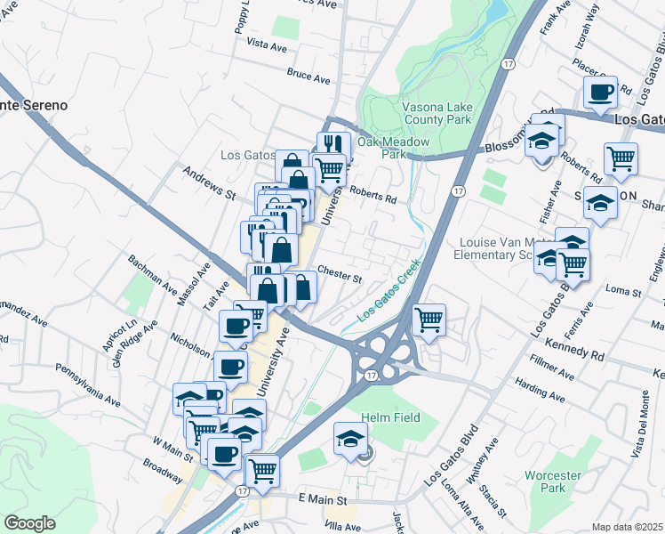 map of restaurants, bars, coffee shops, grocery stores, and more near 62 Chester Street in Los Gatos