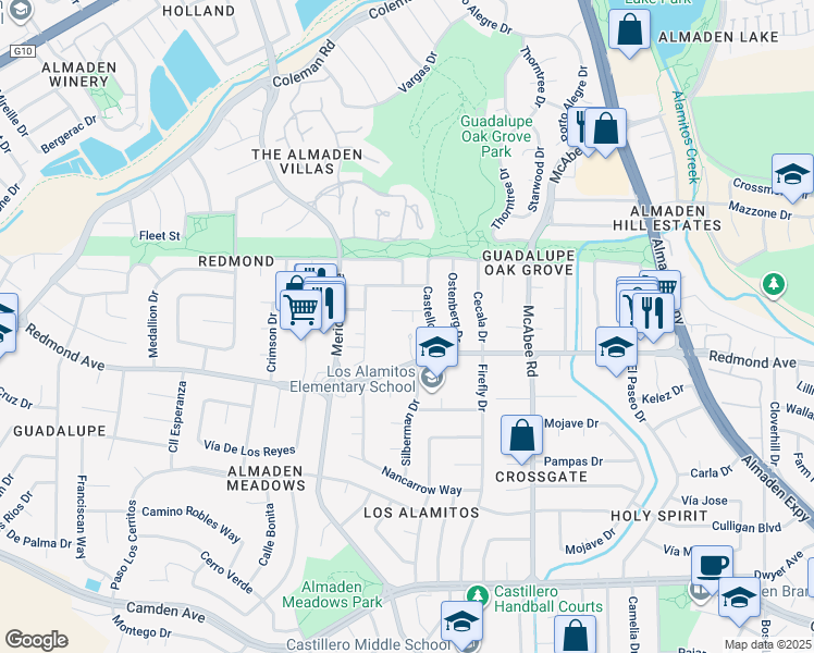 map of restaurants, bars, coffee shops, grocery stores, and more near 6077 Crestoak Court in San Jose