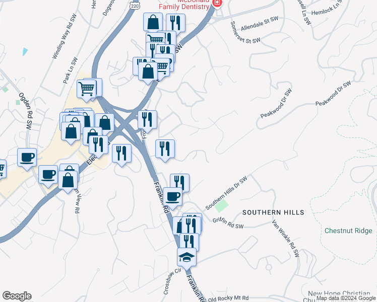 map of restaurants, bars, coffee shops, grocery stores, and more near 4048 Southmont Drive in Roanoke