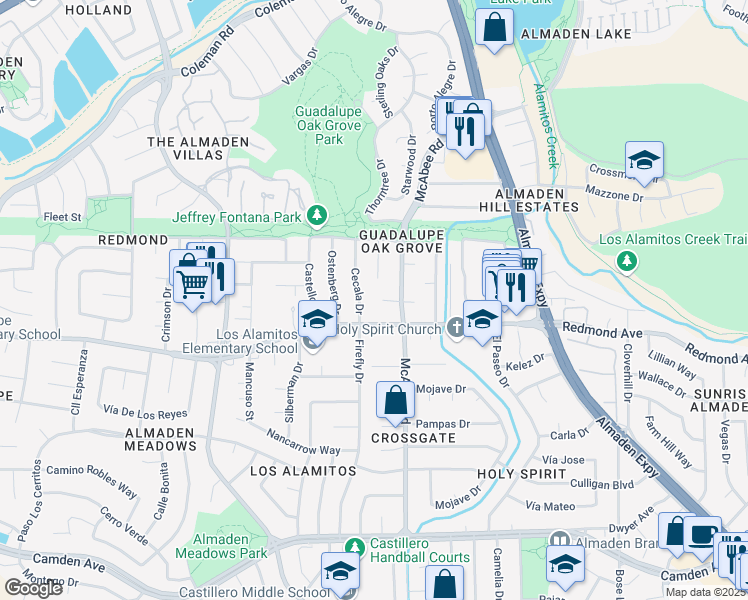 map of restaurants, bars, coffee shops, grocery stores, and more near 1238 Ridge Oak Court in San Jose
