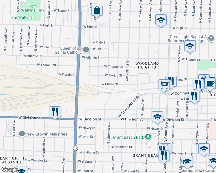 map of restaurants, bars, coffee shops, grocery stores, and more near 1300 North Fort Avenue in Springfield
