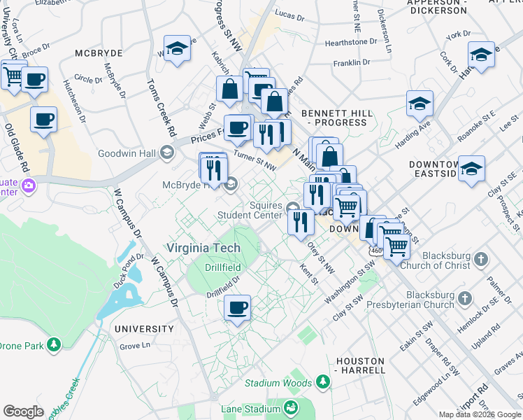 map of restaurants, bars, coffee shops, grocery stores, and more near 310 Alumni Mall in Blacksburg