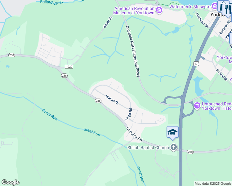 map of restaurants, bars, coffee shops, grocery stores, and more near 320 Leigh Road in Yorktown
