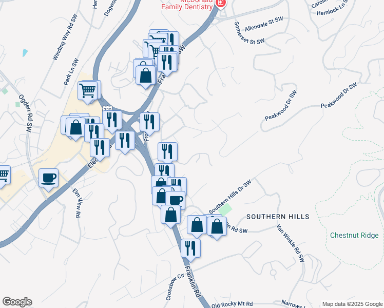 map of restaurants, bars, coffee shops, grocery stores, and more near 4048 Southmont Drive in Roanoke