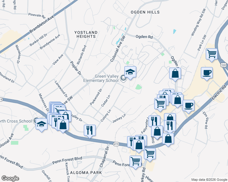 map of restaurants, bars, coffee shops, grocery stores, and more near 3572 Cedar Lane in Cave Spring