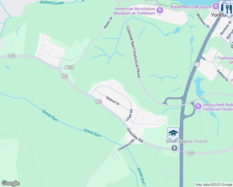 map of restaurants, bars, coffee shops, grocery stores, and more near 320 Leigh Road in Yorktown