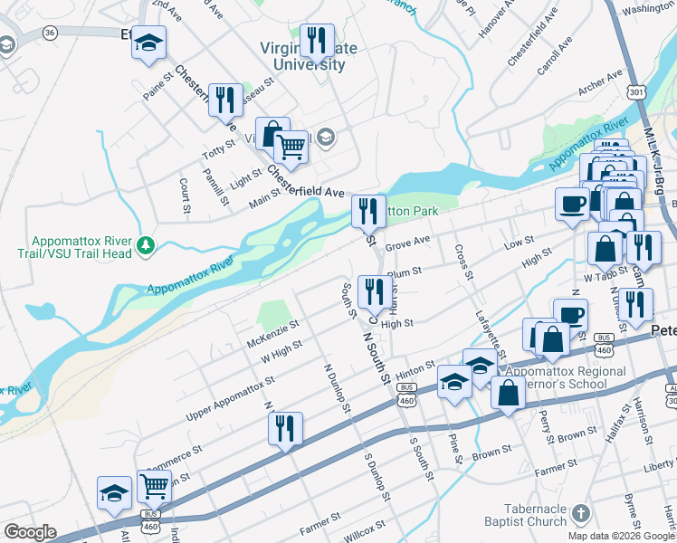 map of restaurants, bars, coffee shops, grocery stores, and more near 806 Fort Henry Street in Petersburg