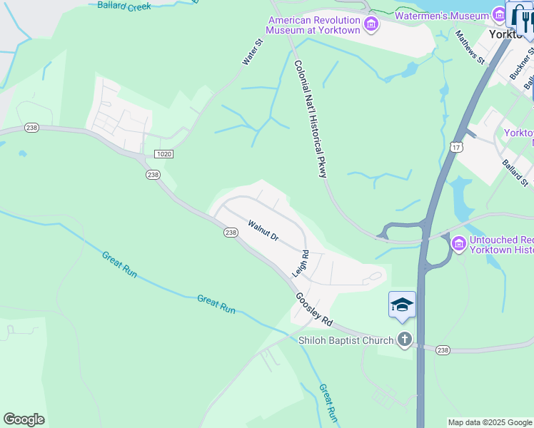 map of restaurants, bars, coffee shops, grocery stores, and more near 400 Leigh Road in Yorktown