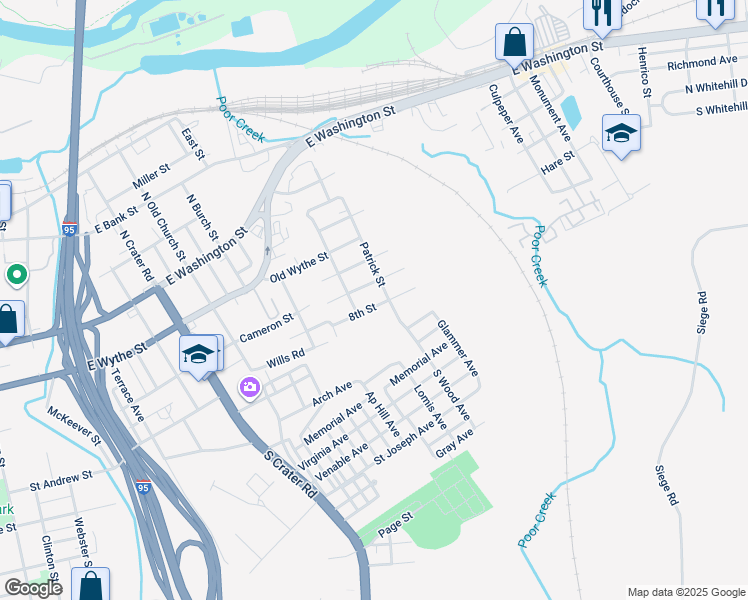 map of restaurants, bars, coffee shops, grocery stores, and more near 1059 8th Street in Petersburg