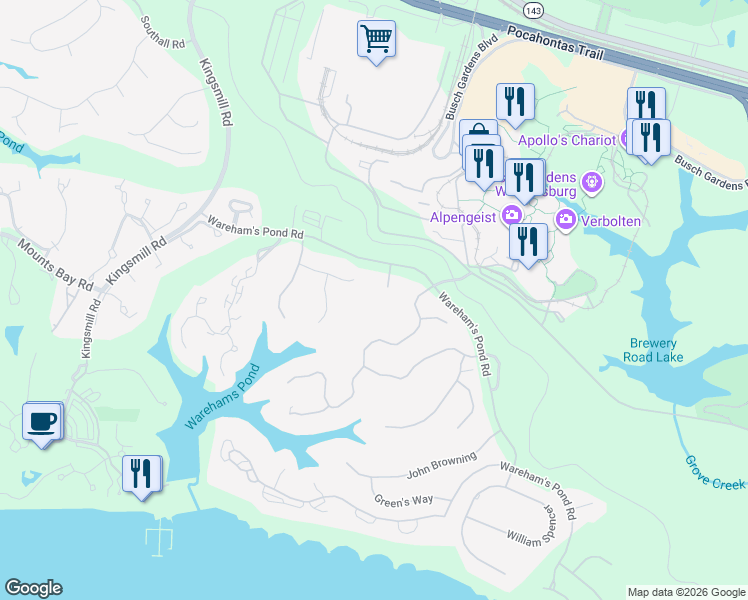 map of restaurants, bars, coffee shops, grocery stores, and more near 108 Blair Court in Williamsburg