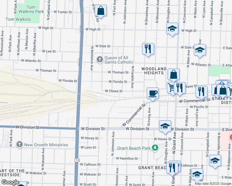 map of restaurants, bars, coffee shops, grocery stores, and more near 1206 West Chase Street in Springfield