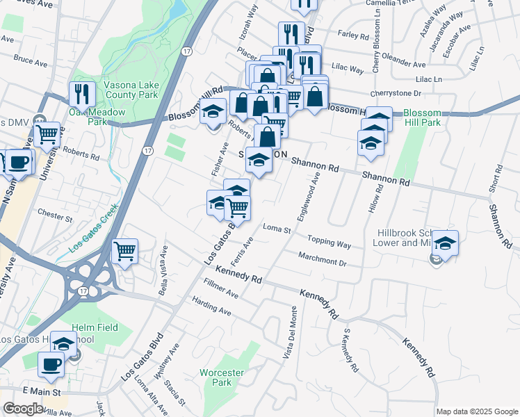 map of restaurants, bars, coffee shops, grocery stores, and more near 16450 Los Gatos Boulevard in Los Gatos