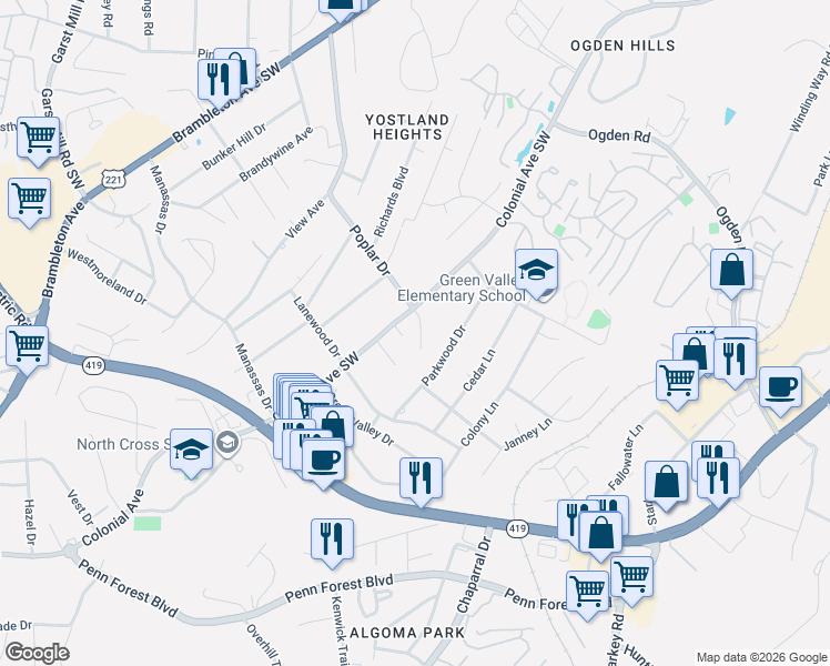 map of restaurants, bars, coffee shops, grocery stores, and more near 3640 Colonial Court Drive in Cave Spring
