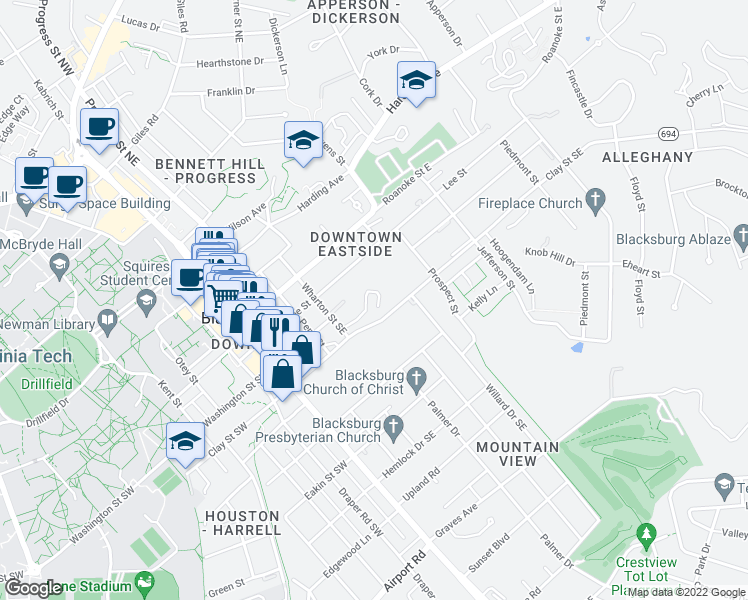 map of restaurants, bars, coffee shops, grocery stores, and more near 403 Clay Street Southeast in Blacksburg