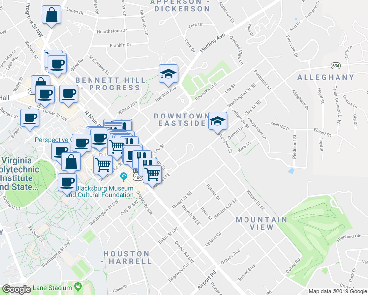 map of restaurants, bars, coffee shops, grocery stores, and more near in Blacksburg