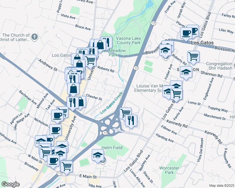 map of restaurants, bars, coffee shops, grocery stores, and more near 220 Milbrae Lane in Los Gatos