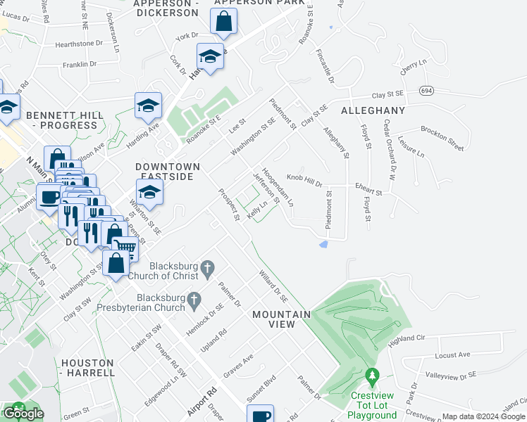 map of restaurants, bars, coffee shops, grocery stores, and more near 608 Kelly Lane in Blacksburg