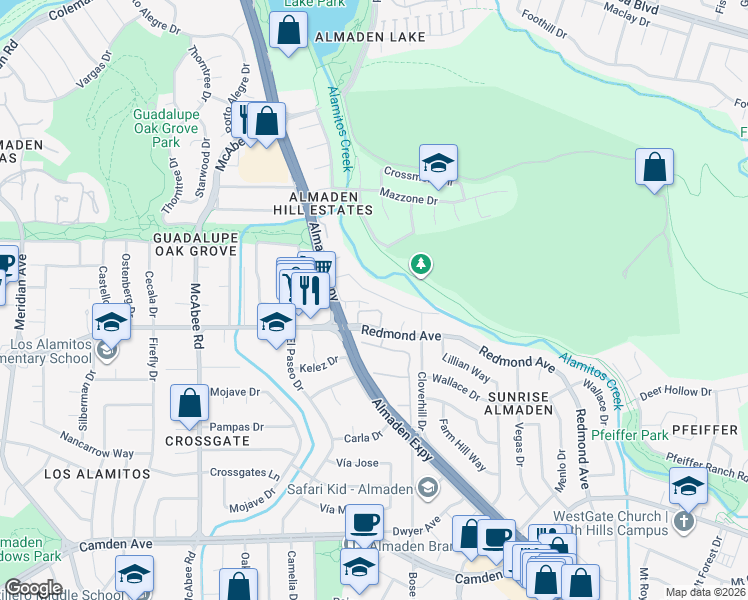 map of restaurants, bars, coffee shops, grocery stores, and more near 1138 Fleetwood Lane in San Jose