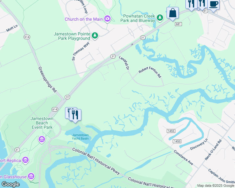 map of restaurants, bars, coffee shops, grocery stores, and more near 4385 Harrington Commons in Williamsburg