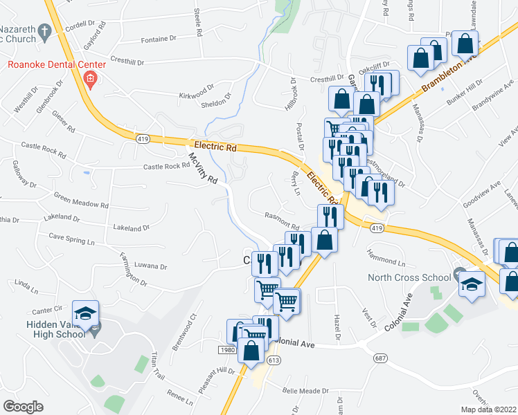 map of restaurants, bars, coffee shops, grocery stores, and more near 3260 Rasmont Road in Roanoke
