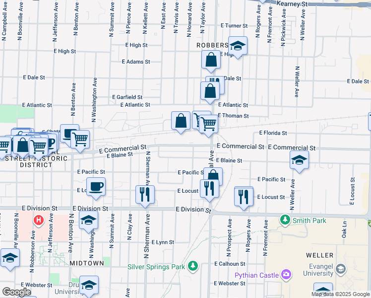 map of restaurants, bars, coffee shops, grocery stores, and more near 1061 East Blaine Street in Springfield