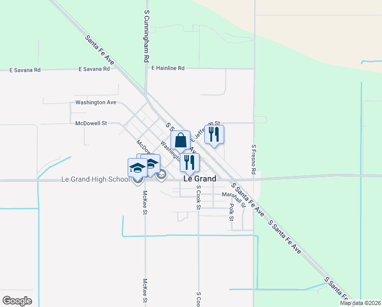 map of restaurants, bars, coffee shops, grocery stores, and more near 3883 South Santa Fe Avenue in Le Grand