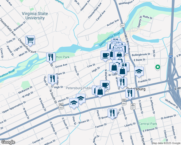 map of restaurants, bars, coffee shops, grocery stores, and more near 281 High Street in Petersburg