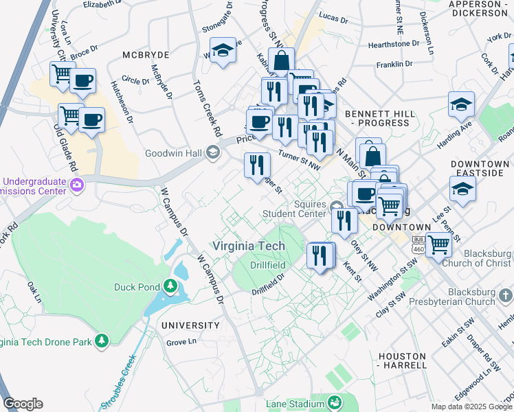 map of restaurants, bars, coffee shops, grocery stores, and more near 445 Old Turner Street in Blacksburg