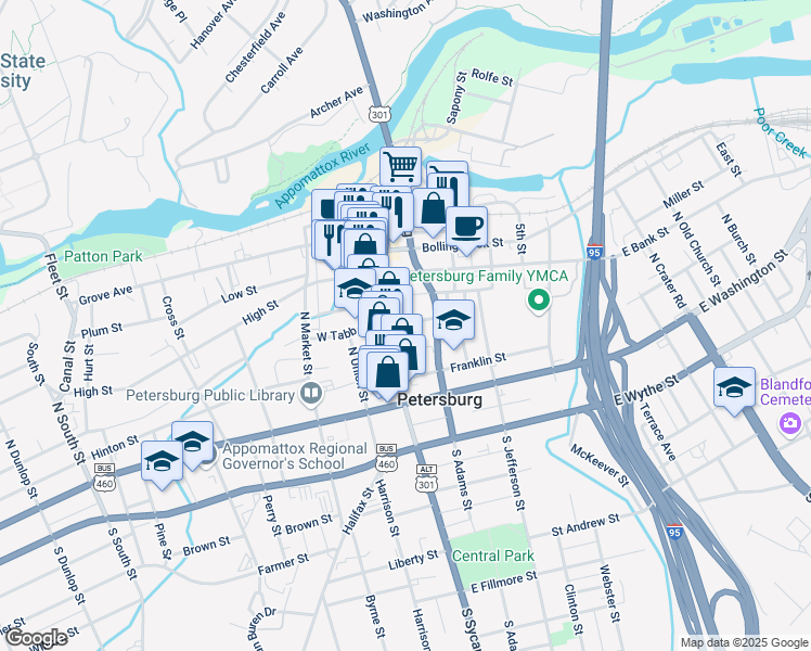 map of restaurants, bars, coffee shops, grocery stores, and more near 20 East Tabb Street in Petersburg