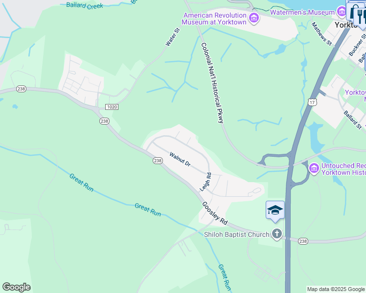 map of restaurants, bars, coffee shops, grocery stores, and more near 400 Leigh Road in Yorktown