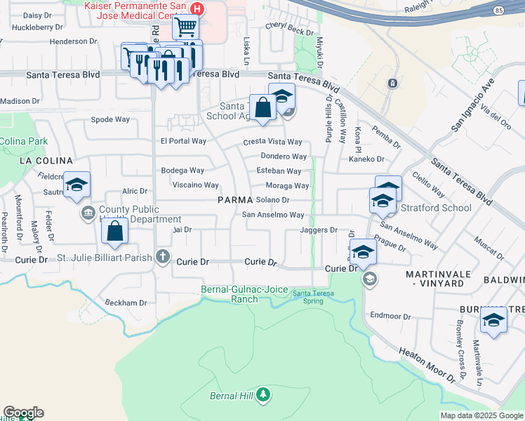 map of restaurants, bars, coffee shops, grocery stores, and more near 6388 San Anselmo Way in San Jose