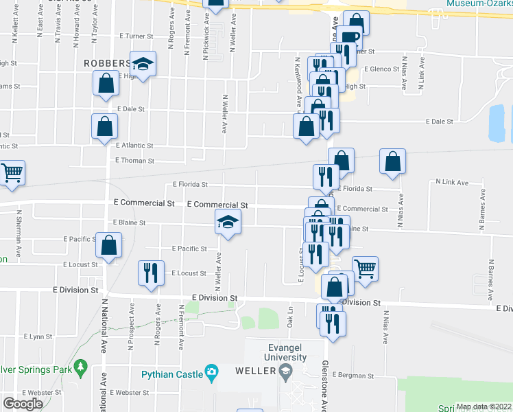 map of restaurants, bars, coffee shops, grocery stores, and more near East Commercial Street in Springfield