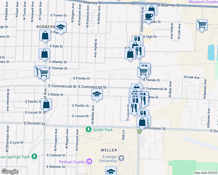 map of restaurants, bars, coffee shops, grocery stores, and more near East Commercial Street in Springfield