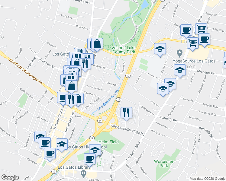 map of restaurants, bars, coffee shops, grocery stores, and more near 216 Milbrae Lane in Los Gatos