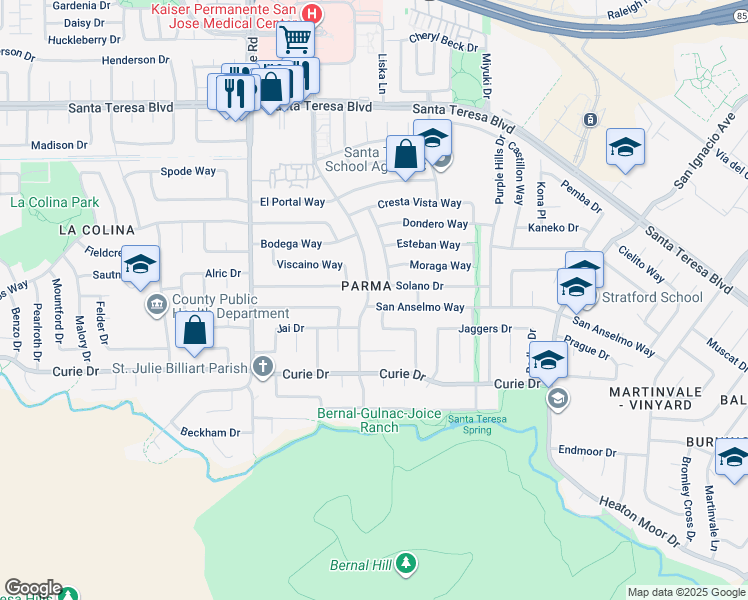 map of restaurants, bars, coffee shops, grocery stores, and more near 6362 San Anselmo Way in San Jose