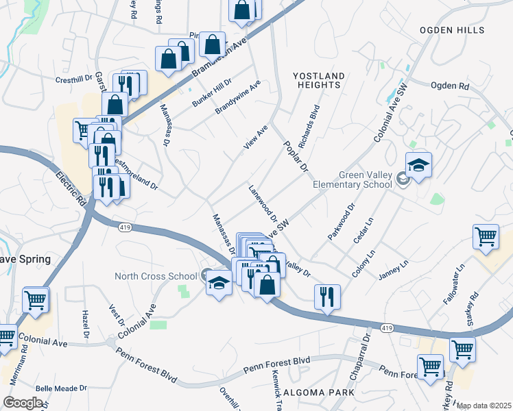 map of restaurants, bars, coffee shops, grocery stores, and more near 3603 Lanewood Drive in Cave Spring