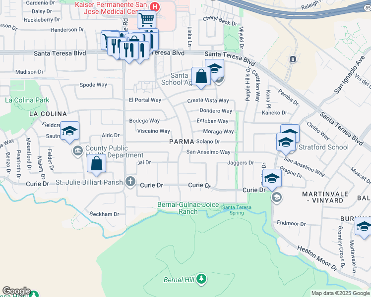 map of restaurants, bars, coffee shops, grocery stores, and more near 6362 San Anselmo Way in San Jose