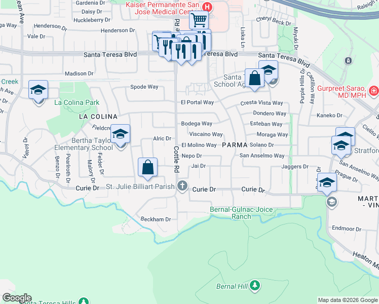 map of restaurants, bars, coffee shops, grocery stores, and more near 6315 Nepo Drive in San Jose