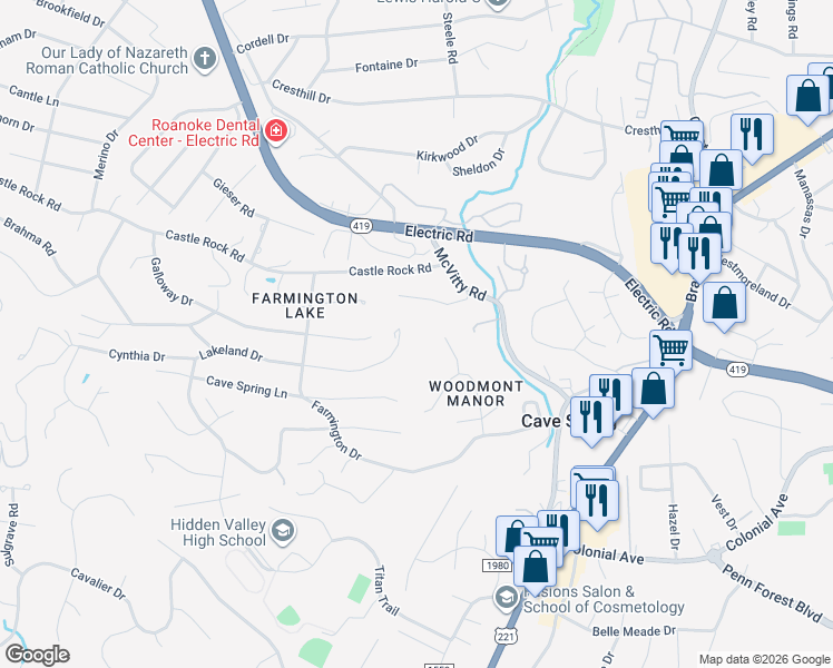 map of restaurants, bars, coffee shops, grocery stores, and more near 5186 Lakeland Drive in Cave Spring