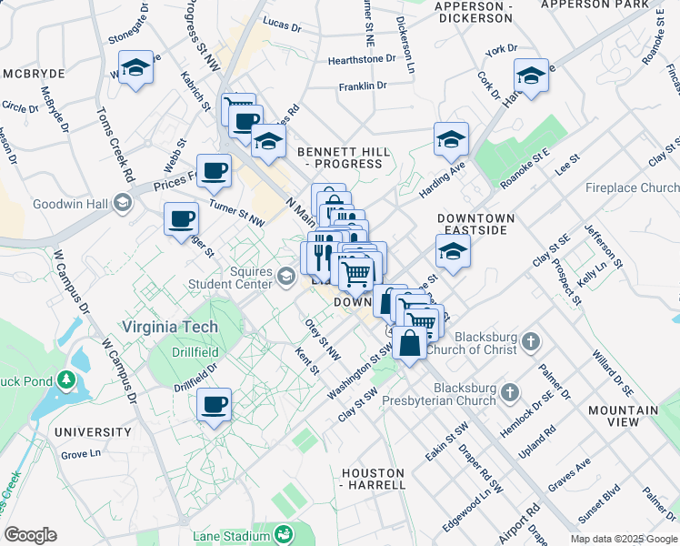map of restaurants, bars, coffee shops, grocery stores, and more near in Blacksburg