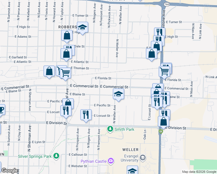 map of restaurants, bars, coffee shops, grocery stores, and more near 1456 East Commercial Street in Springfield