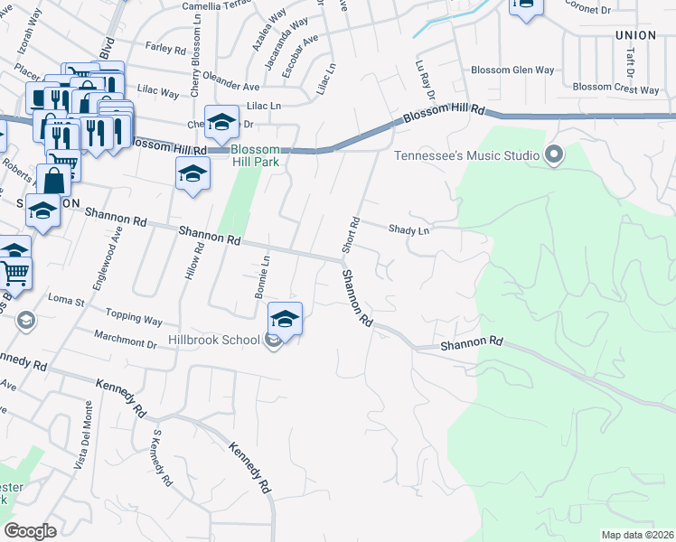 map of restaurants, bars, coffee shops, grocery stores, and more near 16070 Shannon Road in Los Gatos