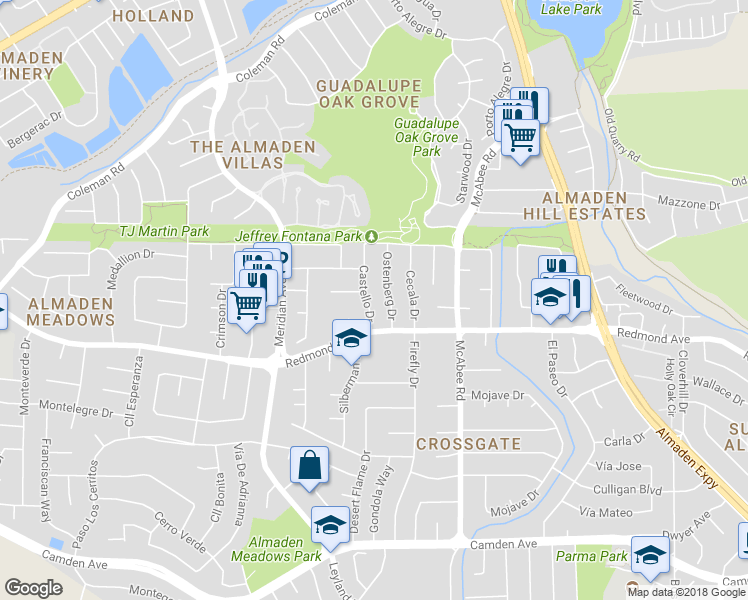 map of restaurants, bars, coffee shops, grocery stores, and more near 6104 Castello Drive in San Jose