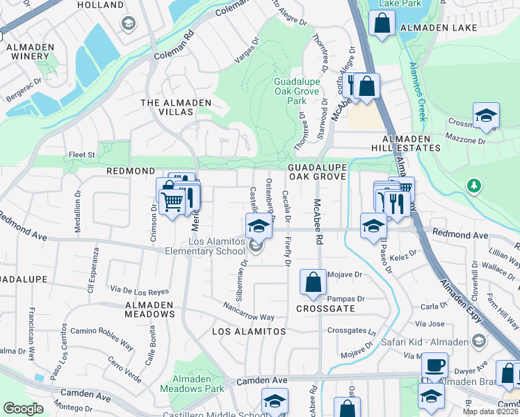 map of restaurants, bars, coffee shops, grocery stores, and more near 6104 Castello Drive in San Jose