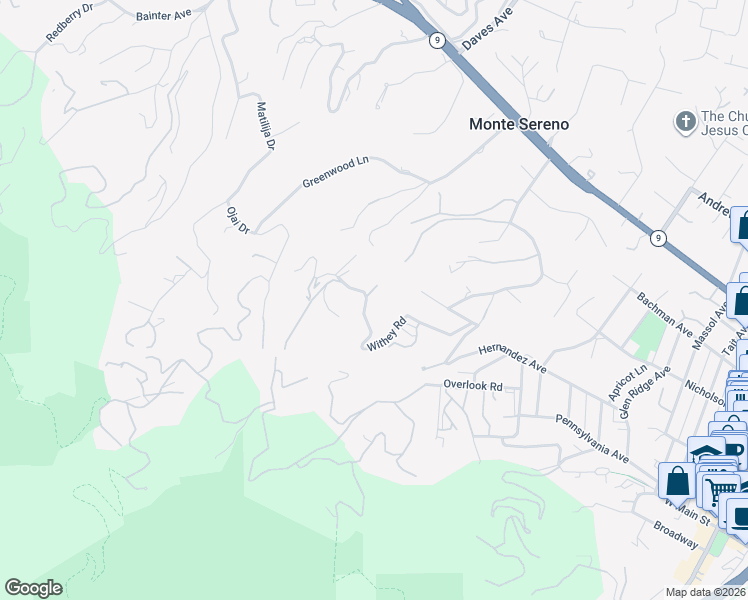 map of restaurants, bars, coffee shops, grocery stores, and more near 18711 Withey Road in Monte Sereno