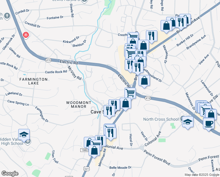 map of restaurants, bars, coffee shops, grocery stores, and more near 3256 Ledgewood Avenue in Cave Spring