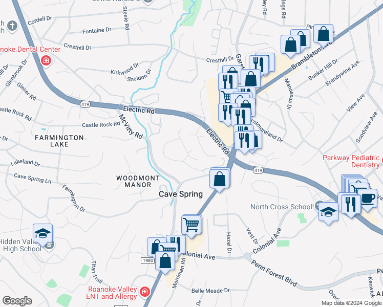 map of restaurants, bars, coffee shops, grocery stores, and more near 3256 Ledgewood Avenue in Cave Spring